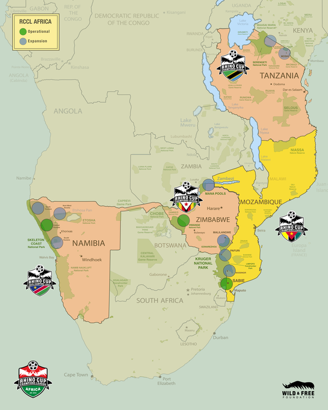 This map image indicates the focus areas of the Rhino Cup Champions League. The RCCL map contains the location for future expansion and current operation areas of the Rhino Cup Champions League as of 2022. Wild and Free Foundation believes that when we create a “prosperous perimeter” around national parks and wildlife reserves, community citizens will have very few or no reasons to poach.